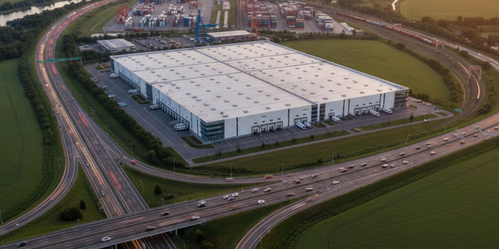 Aerial view of a sprawling logistics park with several warehouses and numerous truck loading docks, framed by a complex highway system and railroad tracks, with a city backdrop on the horizon in the evening light. The picture illustrates a freight transport centre as a meso-logistical hub for the transport and distribution of goods